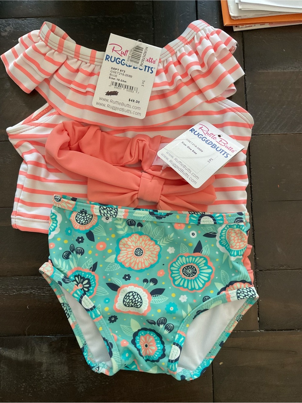 Ruffle Butts Coral Stripe Ruffle Top with Aqua Floral Bottoms